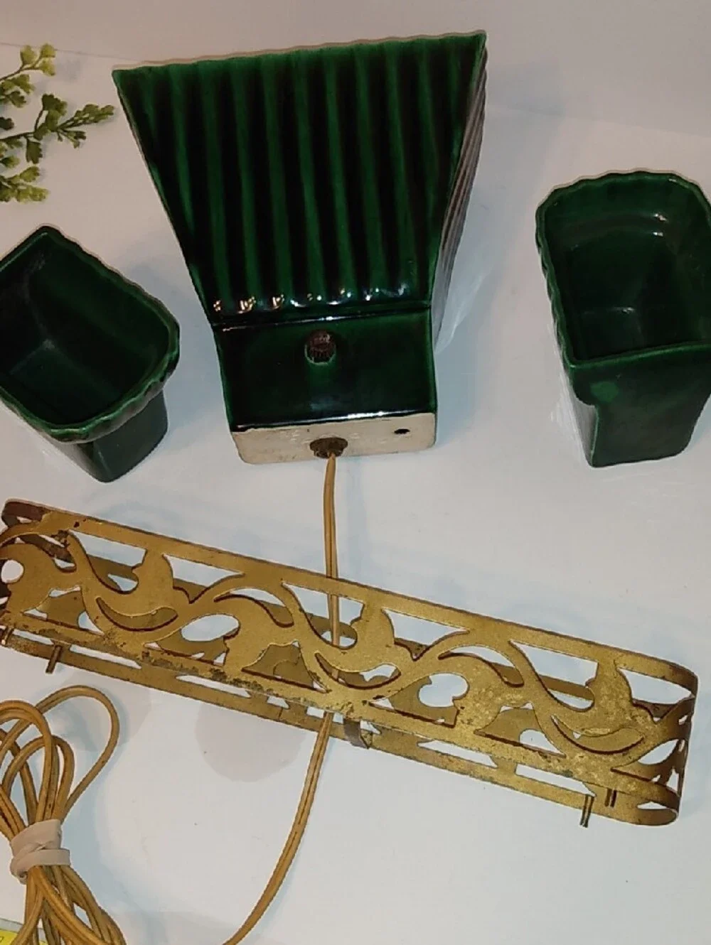 Green Glazed Ceramic Planter Trio with Gold Metal Holder